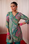 Shop_Chrkha_Green Chanderi Silk Hand Embroidered Paisley Floral Print Short Kurta And Pant Set _Online_at_Aza_Fashions