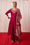 Buy_Chrkha_Maroon Cotton Satin Print Mirror Paisley Embroidered A-line Kurta And Pant Set _at_Aza_Fashions