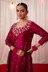 Chrkha_Maroon Cotton Satin Print Mirror Paisley Embroidered A-line Kurta And Pant Set _at_Aza_Fashions