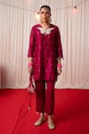 Chrkha_Maroon Cotton Satin Embroidery Tassel Paisley Mirror Short Kurta With Pant _Online_at_Aza_Fashions