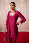 Shop_Chrkha_Maroon Cotton Satin Embroidery Tassel Paisley Mirror Short Kurta With Pant _Online_at_Aza_Fashions