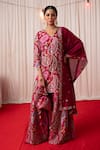 Buy_Chrkha_Maroon Chanderi Silk Print Sequins V-neck Paisley Straight Kurta And Sharara Set _at_Aza_Fashions