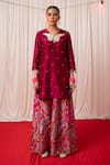 Buy_Chrkha_Maroon Chanderi Silk Print Mirror V-neck Paisley Kurta And Sharara Set _Online_at_Aza_Fashions