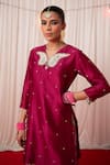 Chrkha_Maroon Chanderi Silk Print Mirror V-neck Paisley Kurta And Sharara Set _at_Aza_Fashions