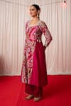 Chrkha_Maroon Cotton Satin Print Paisley Embroidered A-line Panelled Kurta And Pant Set _Online_at_Aza_Fashions