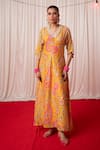 Buy_Chrkha_Yellow Chanderi Silk Print Tassel V-neck Paisley Mirror Embroidered Kaftan _at_Aza_Fashions