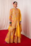 Chrkha_Yellow Chanderi Silk Print Paisley Embroidered Straight Kurta And Sharara Set _Online_at_Aza_Fashions