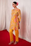 Buy_Chrkha_Yellow Cotton Satin Print Mirror Paisley Motif Embroidered Short Kurta With Pant _Online_at_Aza_Fashions