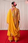 Shop_Chrkha_Yellow Cotton Satin Paisley Motif Embroidered A-line Panelled Kurta And Pant Set _at_Aza_Fashions