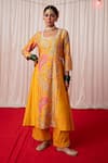 Chrkha_Yellow Cotton Satin Paisley Motif Embroidered A-line Panelled Kurta And Pant Set _Online_at_Aza_Fashions