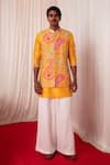 Buy_Chrkha_Yellow Chanderi Silk Printed Floral Paisley Bundi Short Kurta Set _Online_at_Aza_Fashions