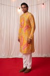 Buy_Chrkha_Yellow Chanderi Silk Printed Floral Paisley Kurta With Pant _Online_at_Aza_Fashions