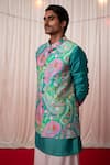 Chrkha_Green Chanderi Silk Printed Jaal Paisley Bundi Kurta Set _Online