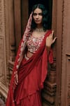 Shop_Paulmi and Harsh_Red Saree Chiffon Banglori Embroidery Sequins Pre-draped Ruffle With Blouse _at_Aza_Fashions