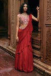 Shop_Paulmi and Harsh_Red Saree Chiffon Banglori Embroidery Sequins Pre-draped Ruffle With Blouse _Online_at_Aza_Fashions