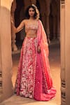 Buy_Paulmi and Harsh_Pink Corset And Lehenga Chiniya Embroidery Floral Print Contrast Panelled Set _at_Aza_Fashions