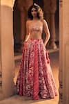 Shop_Paulmi and Harsh_Pink Corset And Lehenga Chiniya Embroidery Floral Print Contrast Panelled Set _Online_at_Aza_Fashions