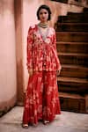 Buy_Paulmi and Harsh_Red Tunic And Palazzo Chiniya Embroidery Roop Flip Birds Print Peplum With _at_Aza_Fashions