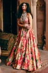 Shop_Paulmi and Harsh_Red Lehenga And Blouse Chiniya Embroidery Sequins Floral Blossom Print Set _Online_at_Aza_Fashions