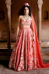 Buy_Paulmi and Harsh_Red Corset And Lehenga Chiniya Embroidery Leheriya Floral Blossom Set _at_Aza_Fashions