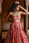 Buy_Paulmi and Harsh_Red Corset And Lehenga Chiniya Embroidery Leheriya Floral Blossom Set _Online_at_Aza_Fashions