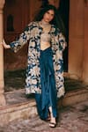 Buy_Paulmi and Harsh_Blue Pure Chiniya Print Sequins Jacket Front Flower Hand Embroidered And Skirt _at_Aza_Fashions