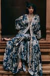 Paulmi and Harsh_Blue Crepe Print Zardozi V Neck Flower Blossom Kaftan With Pant _Online_at_Aza_Fashions