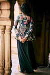 Paulmi and Harsh_Black Tunic Crepe Print Vintage Floral V Neck Bloom Peplum With Palazzo _Online_at_Aza_Fashions