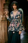 Paulmi and Harsh_Black Tunic Crepe Print Vintage Floral V Neck Bloom Peplum With Palazzo _at_Aza_Fashions