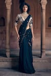 Buy_Paulmi and Harsh_Black Blouse  Crepe Print Sequins V Hand Embroidered Pre-draped Saree And Set _at_Aza_Fashions