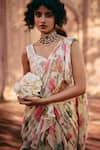 Shop_Paulmi and Harsh_Multi Color Blouse Chiniya Silk Printed Floral Leaf Neck Pre-draped Saree With _Online_at_Aza_Fashions