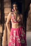 Paulmi and Harsh_Pink Chiniya Silk Embroidery Zardozi Plunge V Floral Bridal Lehenga Blouse Set _at_Aza_Fashions