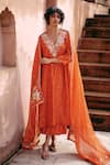 Buy_Paulmi and Harsh_Orange Kurta And Pant Modal Silk Embroidery Zardozi Plunge V Neck Kaftan Set _at_Aza_Fashions