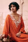 Shop_Paulmi and Harsh_Orange Kurta And Pant Modal Silk Embroidery Zardozi Plunge V Neck Kaftan Set _at_Aza_Fashions