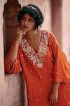 Paulmi and Harsh_Orange Kurta And Pant Modal Silk Embroidery Zardozi Plunge V Neck Kaftan Set _at_Aza_Fashions