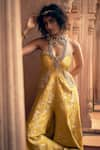 Shop_Paulmi and Harsh_Yellow Jacquard Woven Floral Sweetheart Neck Jumpsuit _Online_at_Aza_Fashions