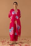 Buy_Juanita by Shubhda_Red Handwoven Chanderi Printed Florette V Neck Kaftan Kurta And Pant Set _at_Aza_Fashions