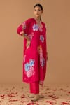 Juanita by Shubhda_Red Handwoven Chanderi Printed Florette V Neck Kaftan Kurta And Pant Set _Online_at_Aza_Fashions