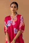 Buy_Juanita by Shubhda_Red Handwoven Chanderi Printed Florette V Neck Kaftan Kurta And Pant Set _Online_at_Aza_Fashions