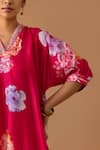 Shop_Juanita by Shubhda_Red Handwoven Chanderi Printed Florette V Neck Kaftan Kurta And Pant Set _Online_at_Aza_Fashions