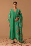 Buy_Juanita by Shubhda_Green Chanderi Printed Floral V Neck Sleeve Kurta Set _at_Aza_Fashions