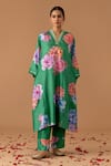 Juanita by Shubhda_Green Handwoven Chanderi Printed Fleur V Neck Kaftan Kurta And Pant Set _Online_at_Aza_Fashions