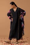 Buy_Juanita by Shubhda_Black Handwoven Chanderi Printed Flower V Neck Sleeve Kurta Set_at_Aza_Fashions