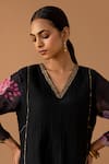 Juanita by Shubhda_Black Handwoven Chanderi Printed Flower V Neck Sleeve Kurta Set_at_Aza_Fashions