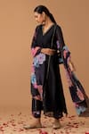 Buy_Juanita by Shubhda_Black Handwoven Chanderi Printed Flower V Neck Sleeve Kurta Set