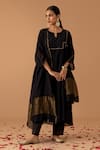 Buy_Juanita by Shubhda_Black Handwoven Chanderi Embroidery Mukaish Notched Kurta Set _at_Aza_Fashions