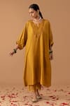 Buy_Juanita by Shubhda_Yellow Silk Embroidery Cutdana Notched Placement Kaftan And Pant Set _at_Aza_Fashions