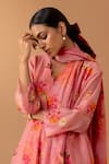 Juanita by Shubhda_Pink Cotton Printed Bloom Scallop V Neck Kurta Set _Online_at_Aza_Fashions