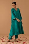 Buy_Juanita by Shubhda_Blue Handwoven Chanderi Embroidery Resham V Neck Neckline Kaftan And Pant Set _at_Aza_Fashions