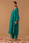 Shop_Juanita by Shubhda_Blue Handwoven Chanderi Embroidery Resham V Neck Neckline Kaftan And Pant Set _Online_at_Aza_Fashions